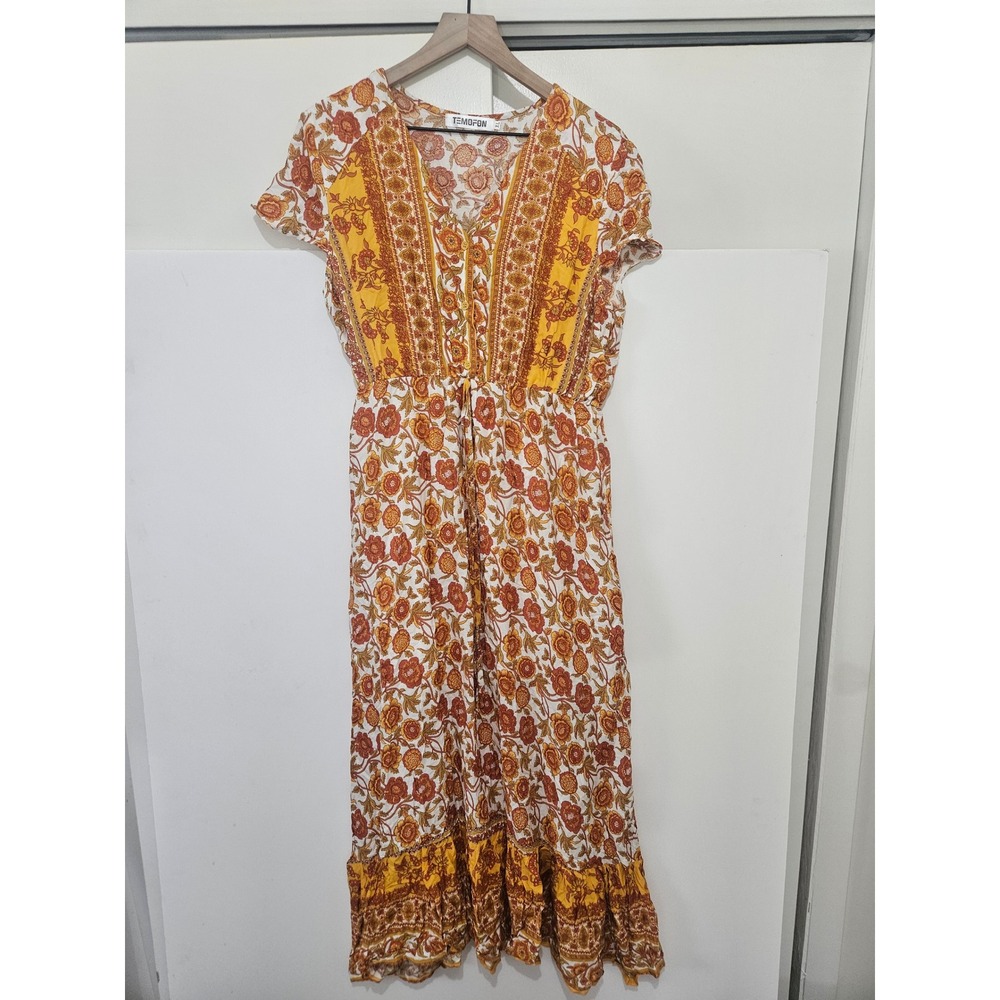 Temofon Womens Boho Floral Maxi Dress Mustard Yellow Rust V-Neck Button Front XL